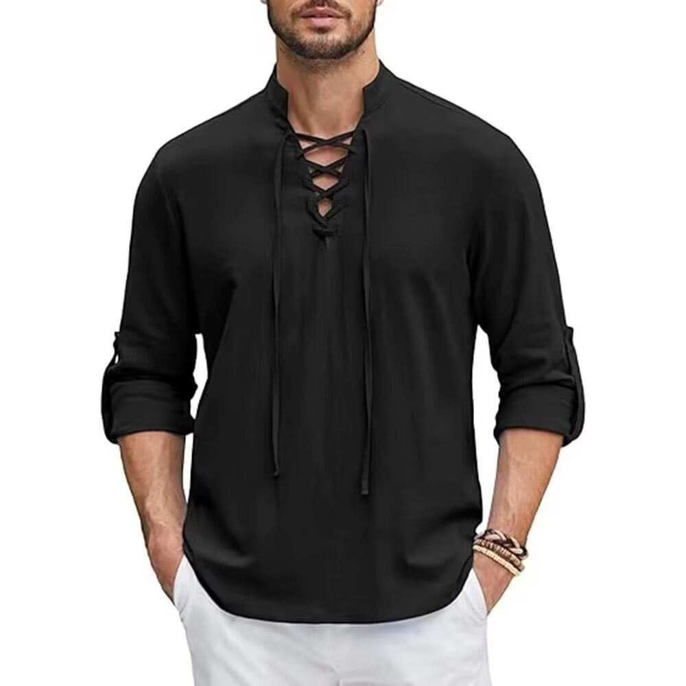 Vintage Style Men's Long Sleeve Polyester Shirt With Front Tie And Lapel Collar Pullover