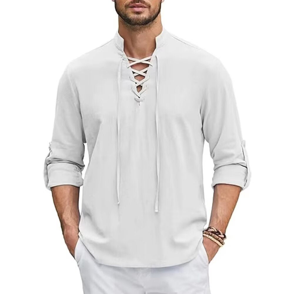 Vintage Style Men's Long Sleeve Polyester Shirt With Front Tie And Lapel Collar Pullover
