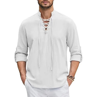 Vintage Style Men's Long Sleeve Polyester Shirt With Front Tie And Lapel Collar Pullover