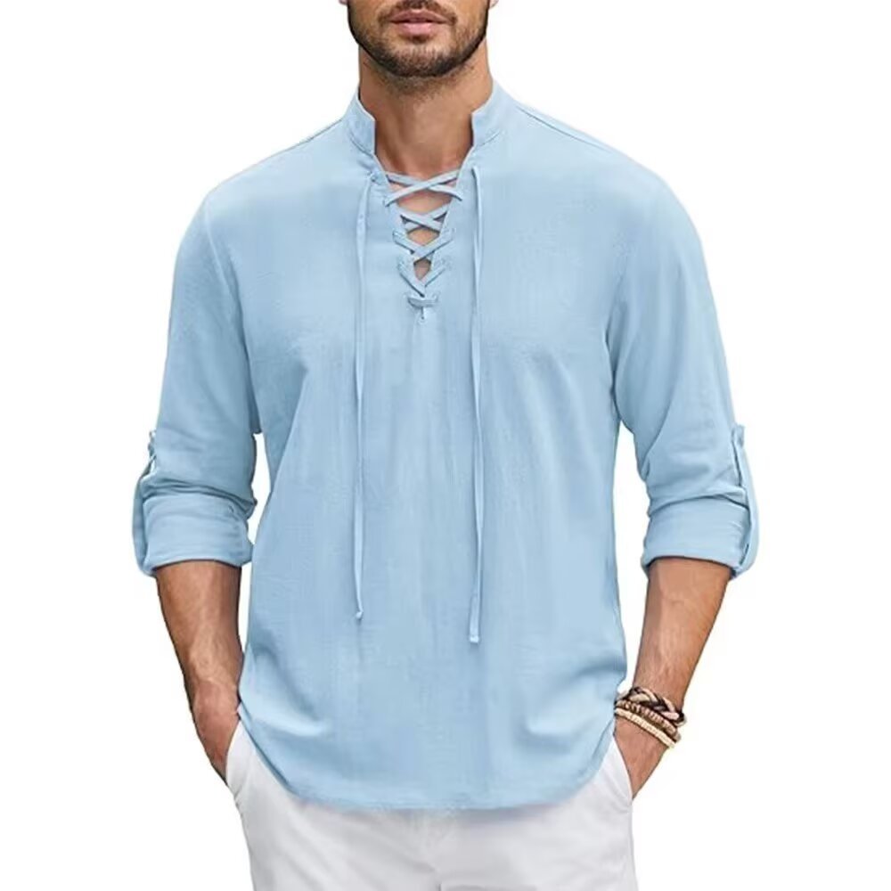 Vintage Style Men's Long Sleeve Polyester Shirt With Front Tie And Lapel Collar Pullover