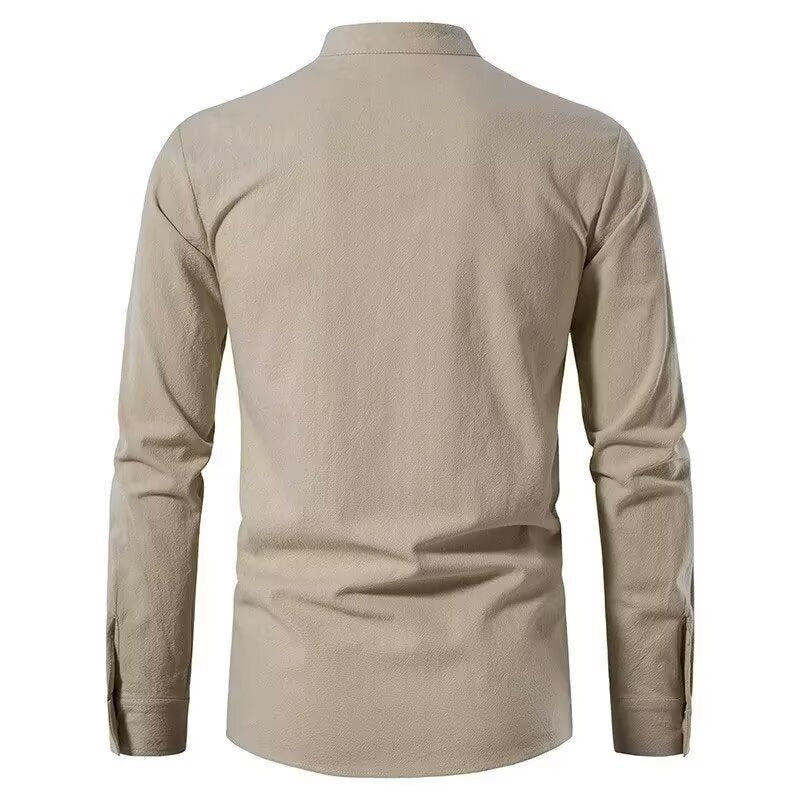 Vintage Style Men's Long Sleeve Polyester Shirt With Front Tie And Lapel Collar Pullover