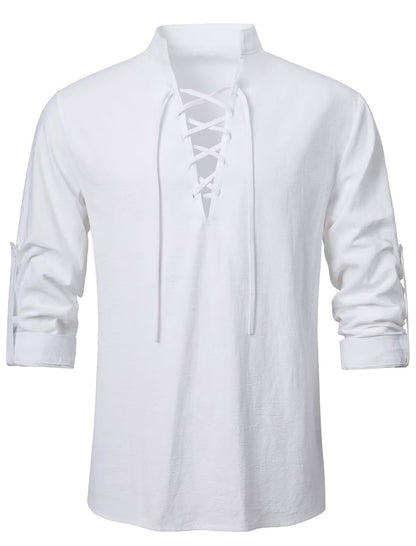 Vintage Style Men's Long Sleeve Polyester Shirt With Front Tie And Lapel Collar Pullover