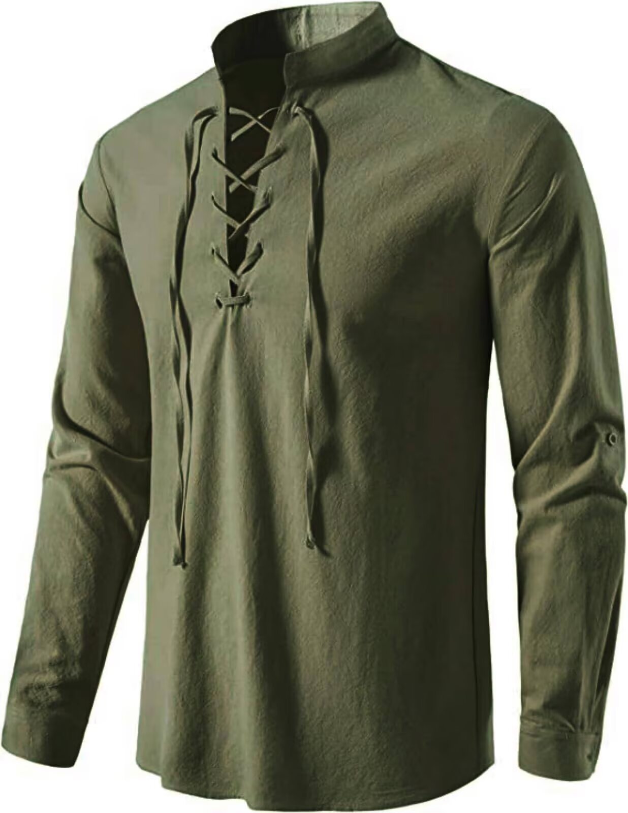 Vintage Style Men's Long Sleeve Polyester Shirt With Front Tie And Lapel Collar Pullover