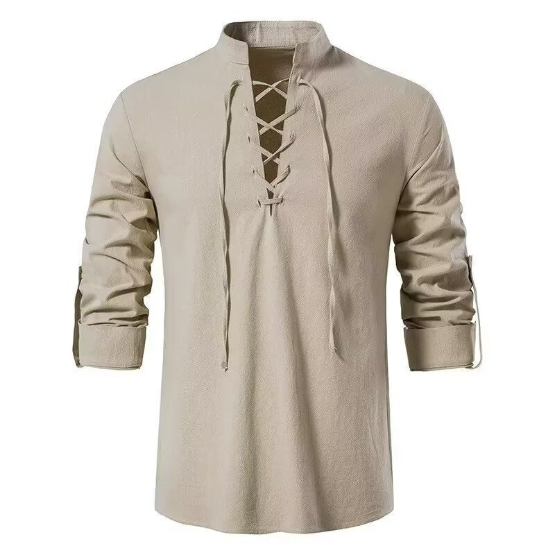 Vintage Style Men's Long Sleeve Polyester Shirt With Front Tie And Lapel Collar Pullover