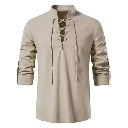 Vintage Style Men's Long Sleeve Polyester Shirt With Front Tie And Lapel Collar Pullover
