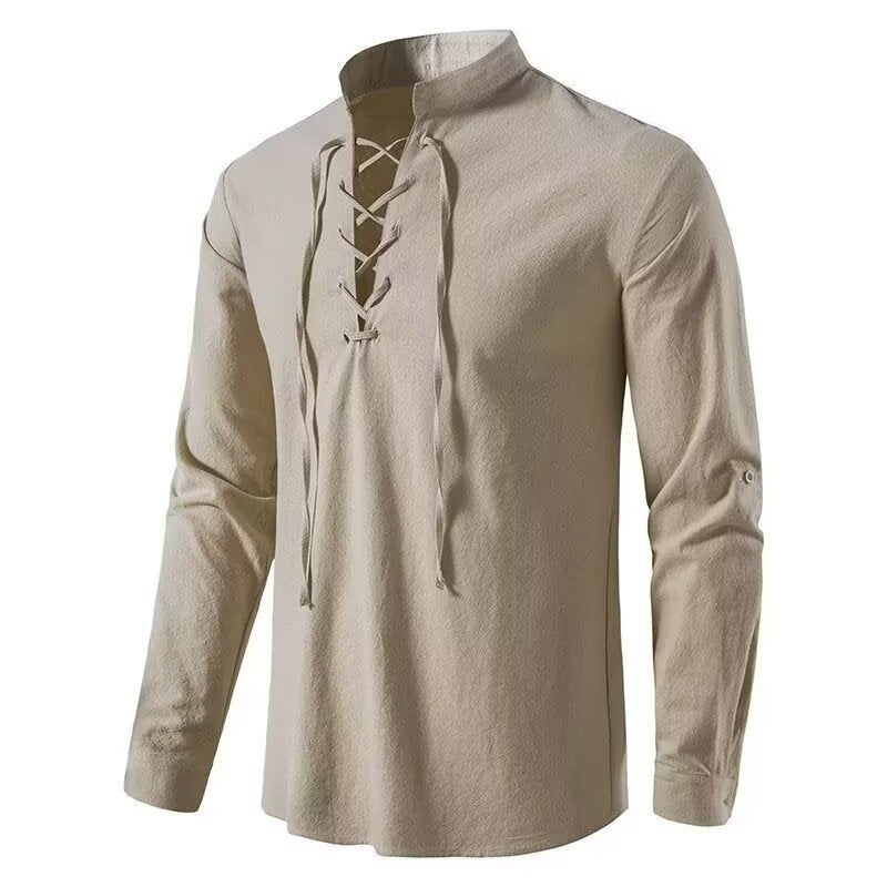 Vintage Style Men's Long Sleeve Polyester Shirt With Front Tie And Lapel Collar Pullover