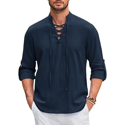 Vintage Style Men's Long Sleeve Polyester Shirt With Front Tie And Lapel Collar Pullover