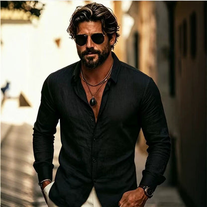 Solid Color Casual Long Sleeve Men's Shirt In Cotton With Lapel Collar And Placket