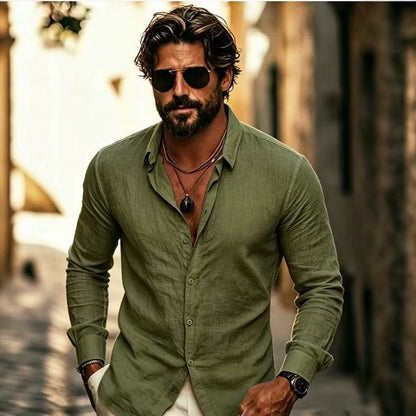 Solid Color Casual Long Sleeve Men's Shirt In Cotton With Lapel Collar And Placket