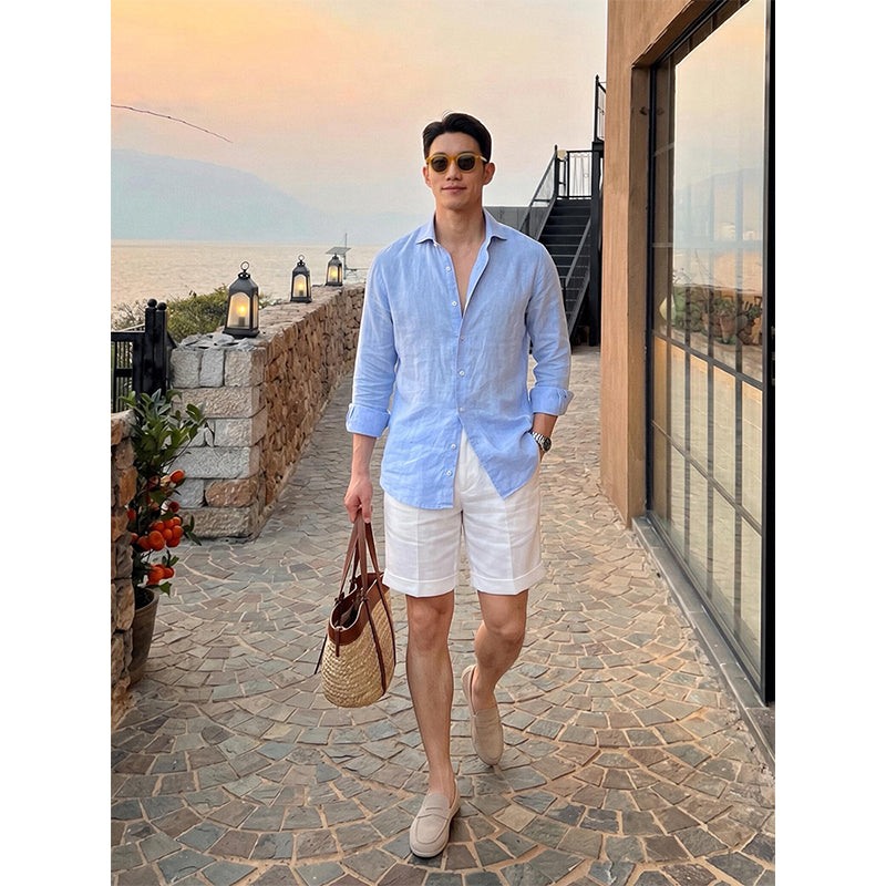 Solid Color Casual Long Sleeve Men's Shirt In Cotton With Lapel Collar And Placket