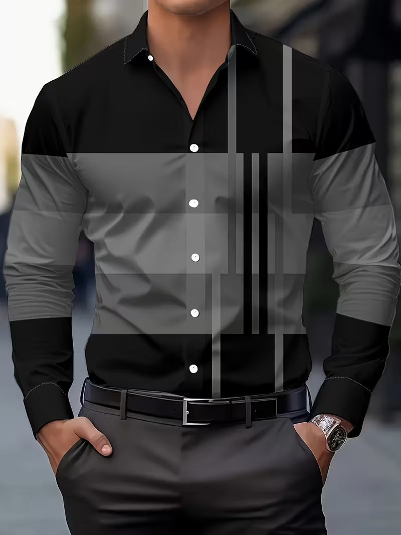 Casual Men's Long Sleeve Shirt With 3D Print Pattern In Polyester Featuring Placket
