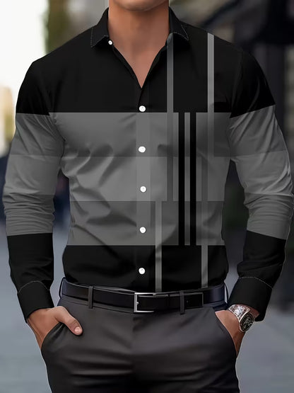 Casual Men's Long Sleeve Shirt With 3D Print Pattern In Polyester Featuring Placket
