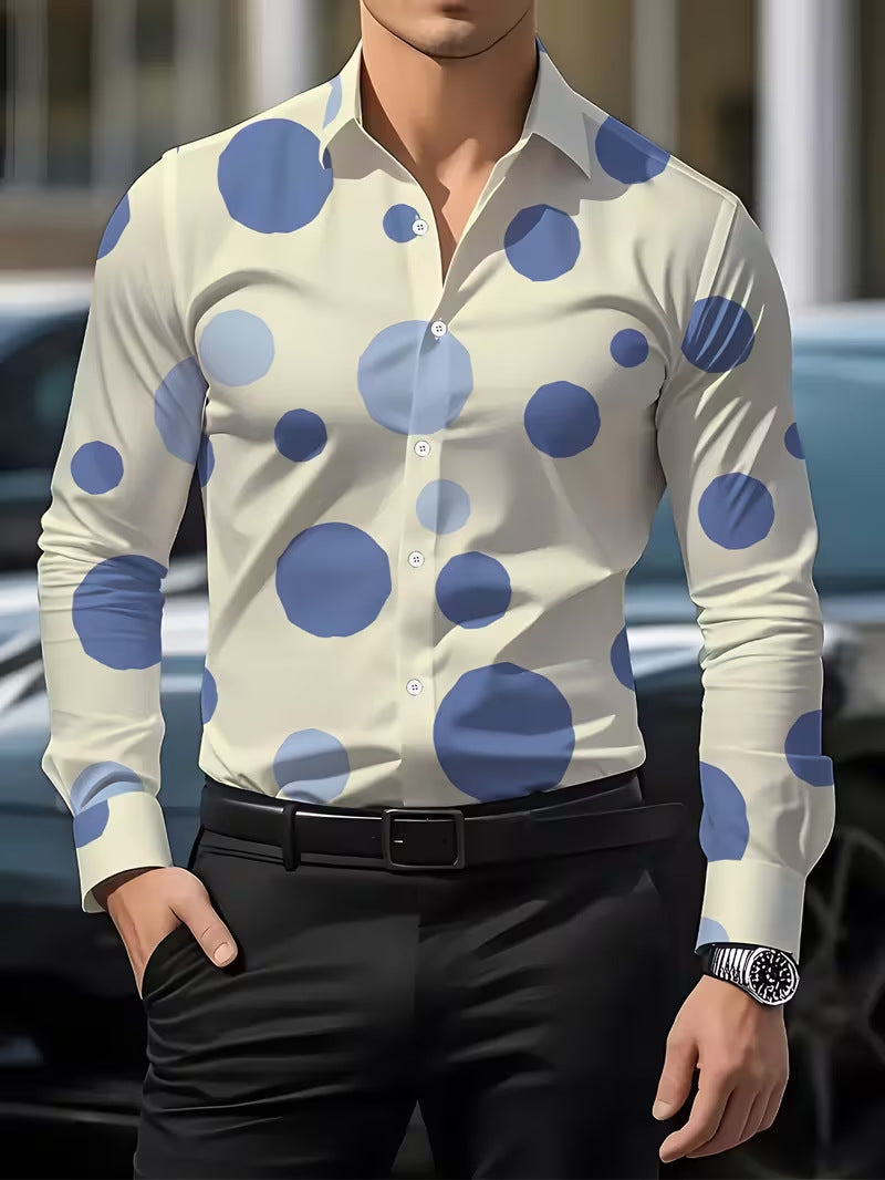 Casual Men's Long Sleeve Shirt With 3D Print Pattern In Polyester Featuring Placket