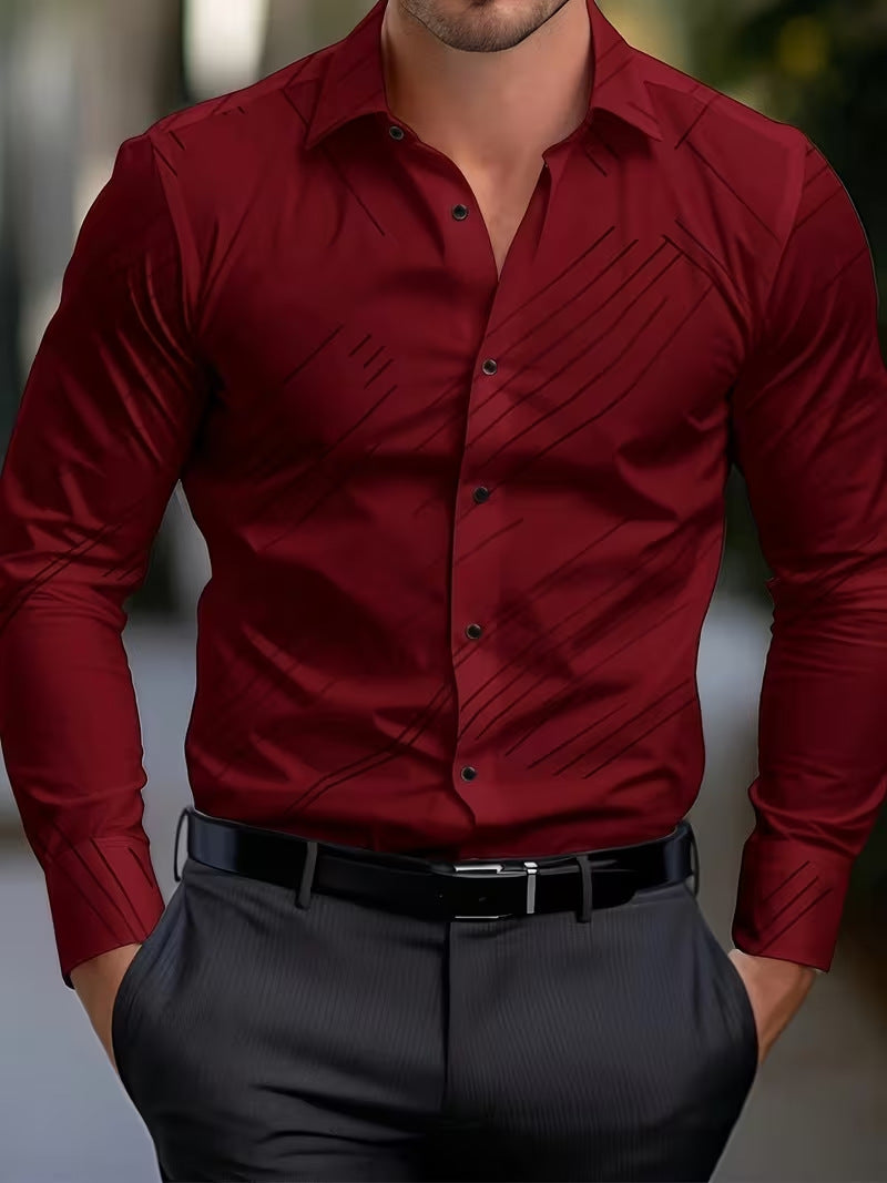 Casual Men's Long Sleeve Shirt With 3D Print Pattern In Polyester Featuring Placket