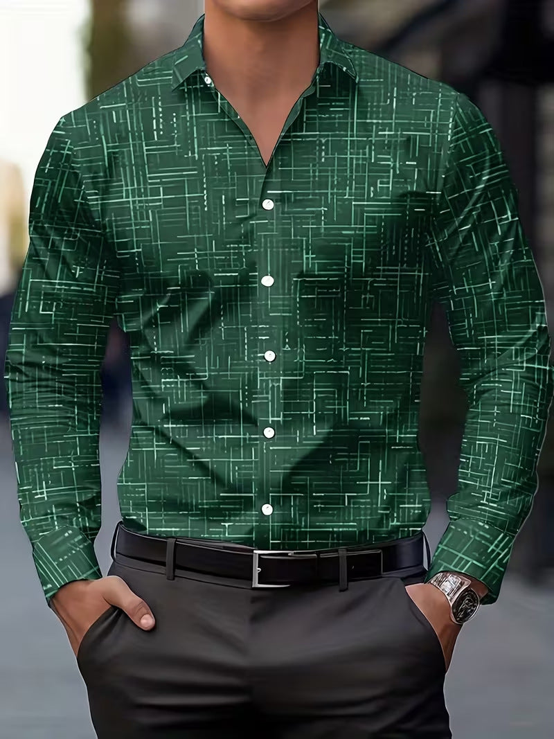 Casual Men's Long Sleeve Shirt With 3D Print Pattern In Polyester Featuring Placket