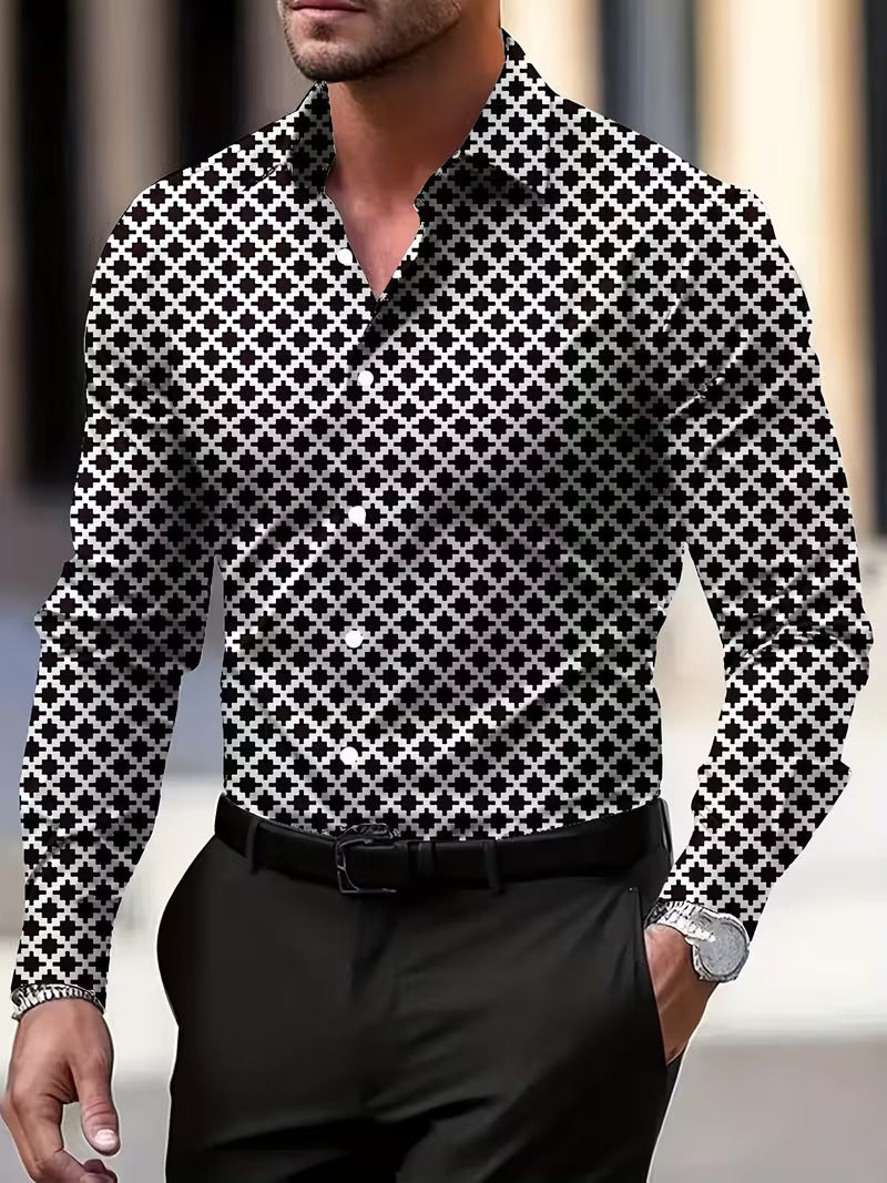 Casual Men's Long Sleeve Shirt With 3D Print Pattern In Polyester Featuring Placket