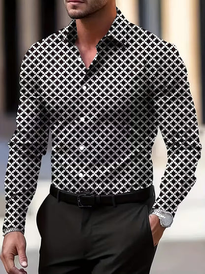 Casual Men's Long Sleeve Shirt With 3D Print Pattern In Polyester Featuring Placket