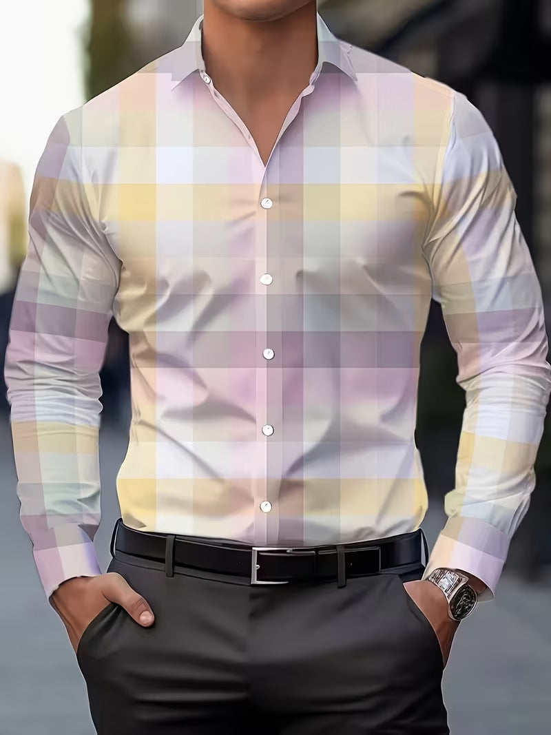 Casual Men's Long Sleeve Shirt With 3D Print Pattern In Polyester Featuring Placket