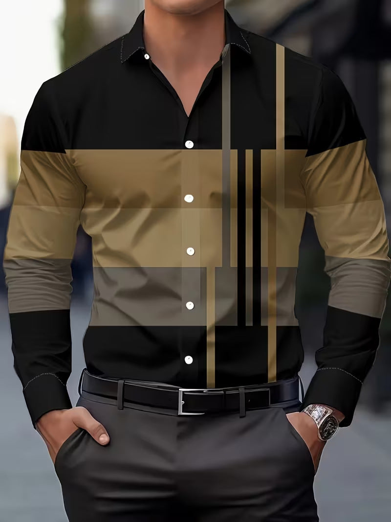 Casual Men's Long Sleeve Shirt With 3D Print Pattern In Polyester Featuring Placket
