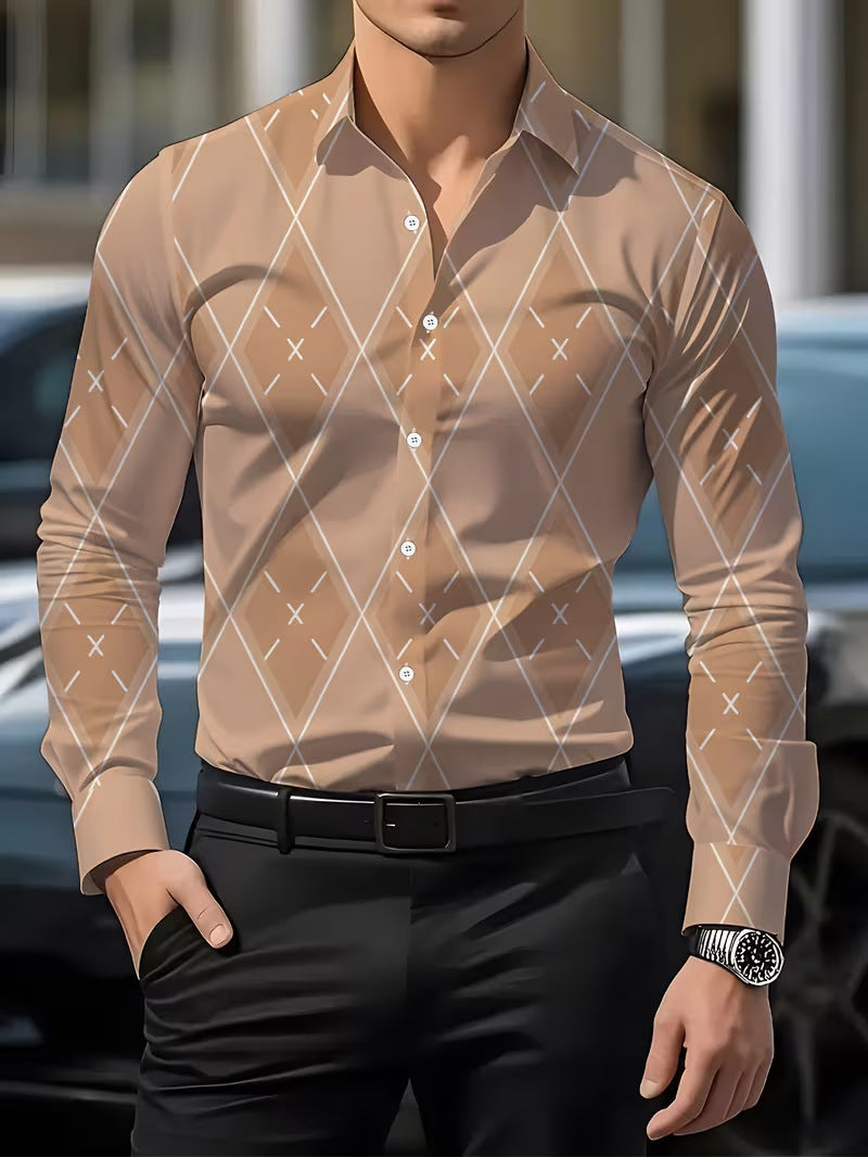 Casual Men's Long Sleeve Shirt With 3D Print Pattern In Polyester Featuring Placket