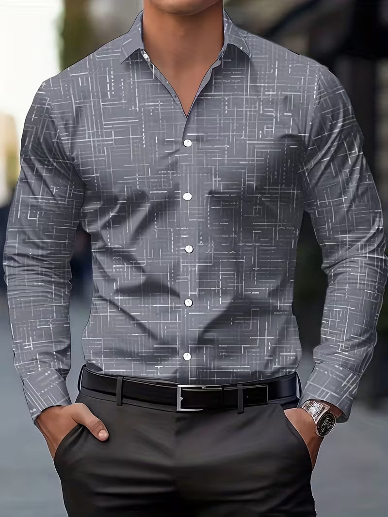 Casual Men's Long Sleeve Shirt With 3D Print Pattern In Polyester Featuring Placket