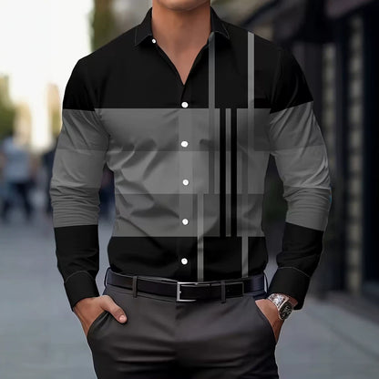 Casual Men's Long Sleeve Shirt With 3D Print Pattern In Polyester Featuring Placket