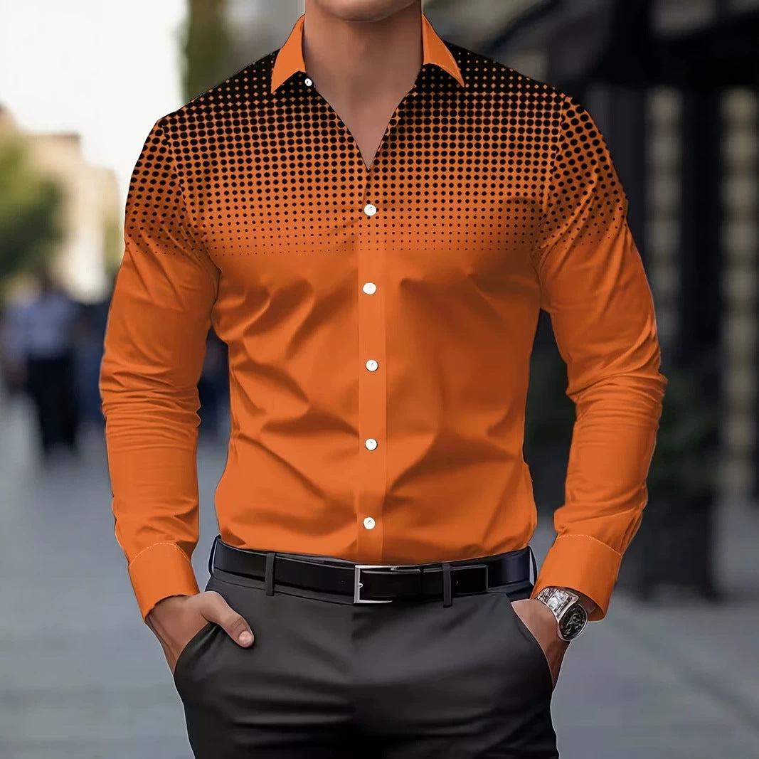 Casual Men's Long Sleeve Shirt With 3D Print Pattern In Polyester Featuring Placket
