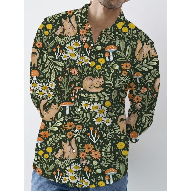 Forest Pattern Long Sleeve Streetwear Shirt For Men In Polyester Fabric Featuring Printing And Single Breasted Design
