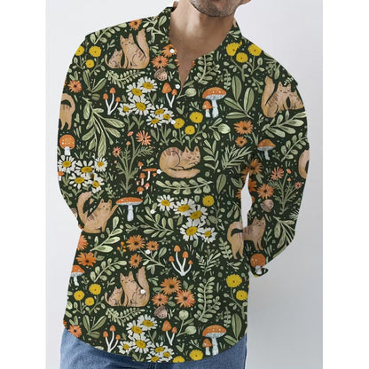 Forest Pattern Long Sleeve Streetwear Shirt For Men In Polyester Fabric Featuring Printing And Single Breasted Design