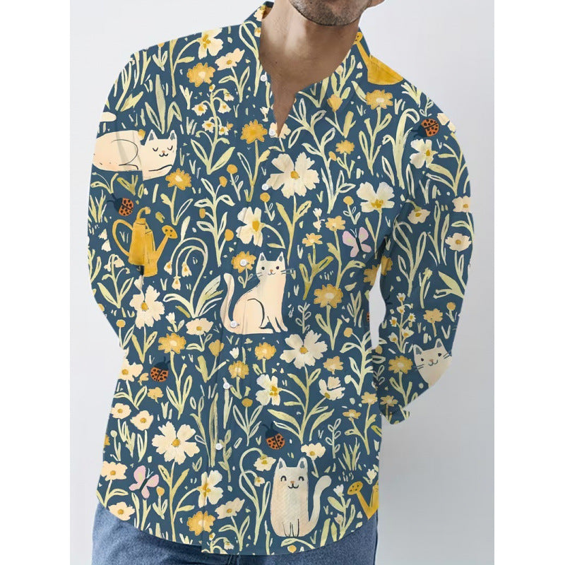 Forest Pattern Long Sleeve Streetwear Shirt For Men In Polyester Fabric Featuring Printing And Single Breasted Design