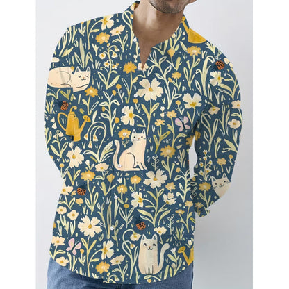Forest Pattern Long Sleeve Streetwear Shirt For Men In Polyester Fabric Featuring Printing And Single Breasted Design