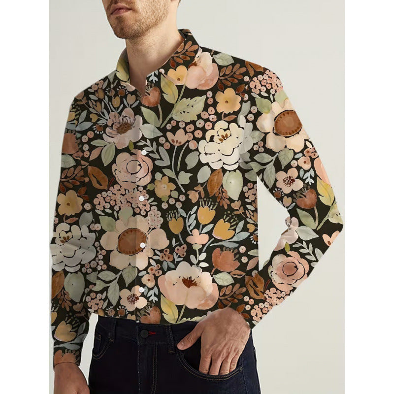 Forest Pattern Long Sleeve Streetwear Shirt For Men In Polyester Fabric Featuring Printing And Single Breasted Design
