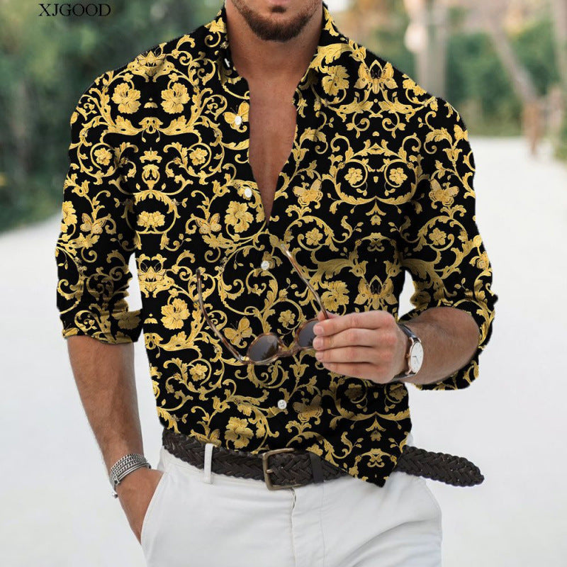 Forest Pattern Long Sleeve Streetwear Shirt For Men In Polyester Fabric Featuring Printing And Single Breasted Design