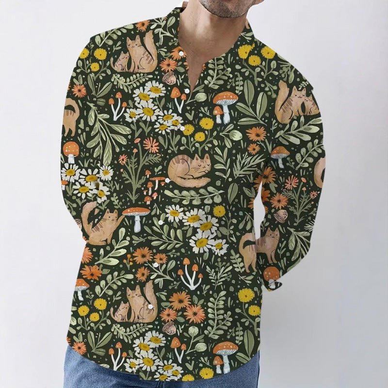 Forest Pattern Long Sleeve Streetwear Shirt For Men In Polyester Fabric Featuring Printing And Single Breasted Design