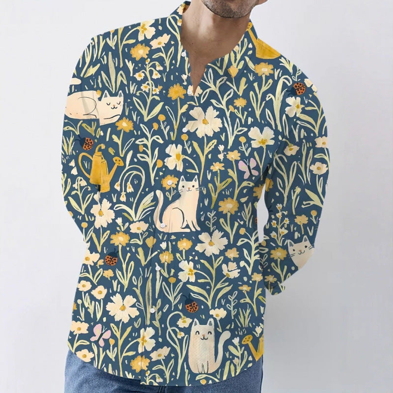 Forest Pattern Long Sleeve Streetwear Shirt For Men In Polyester Fabric Featuring Printing And Single Breasted Design