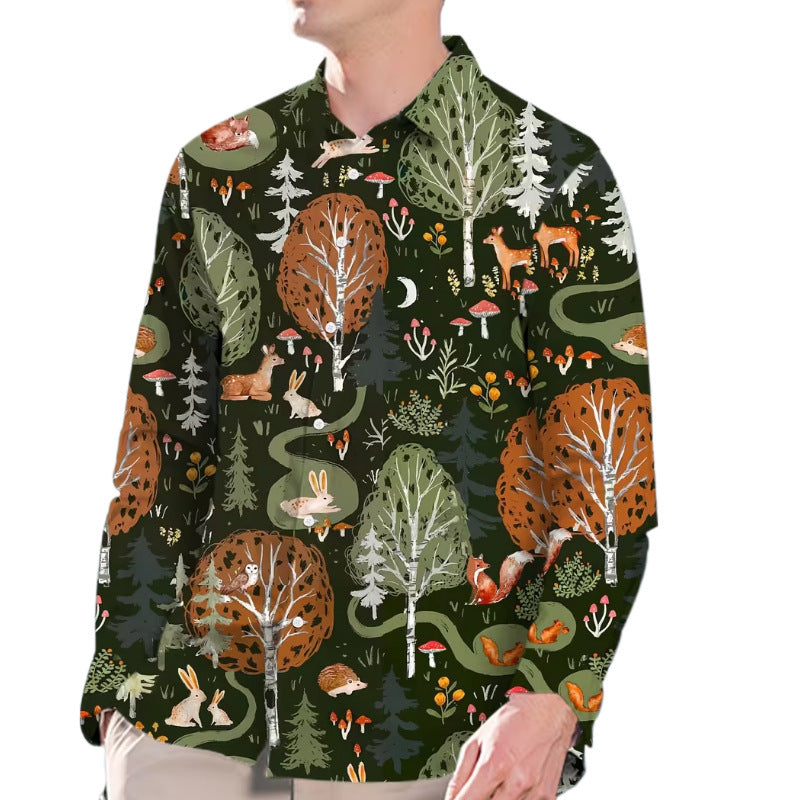 Forest Pattern Long Sleeve Streetwear Shirt For Men In Polyester Fabric Featuring Printing And Single Breasted Design