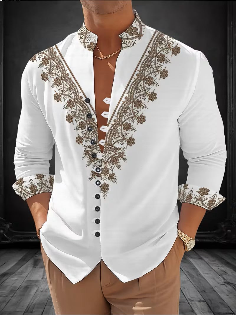 Color Block Long Sleeve Chinoiserie Shirt For Men With Printing On Polyester Fabric And Standing Collar