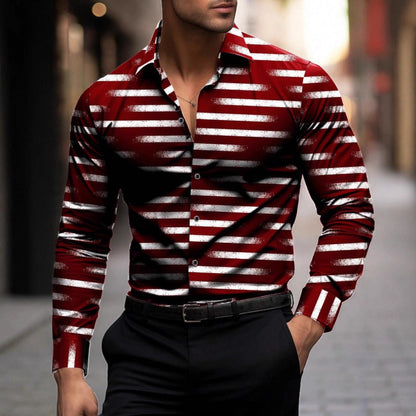 Casual Stripe Long Sleeve Men's Shirt In 4-Way Stretch Fabric With 3D Print And Placket