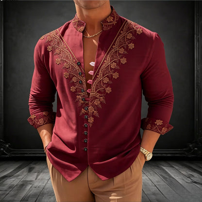 Color Block Long Sleeve Chinoiserie Shirt For Men With Printing On Polyester Fabric And Standing Collar