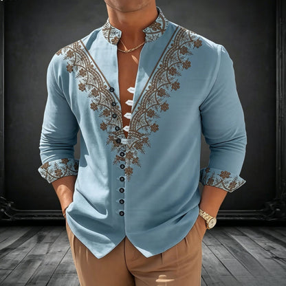 Color Block Long Sleeve Chinoiserie Shirt For Men With Printing On Polyester Fabric And Standing Collar