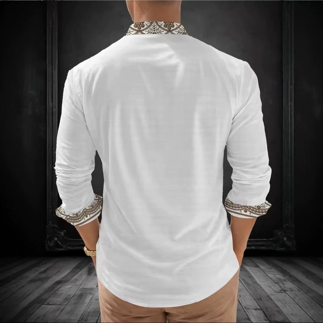 Color Block Long Sleeve Chinoiserie Shirt For Men With Printing On Polyester Fabric And Standing Collar