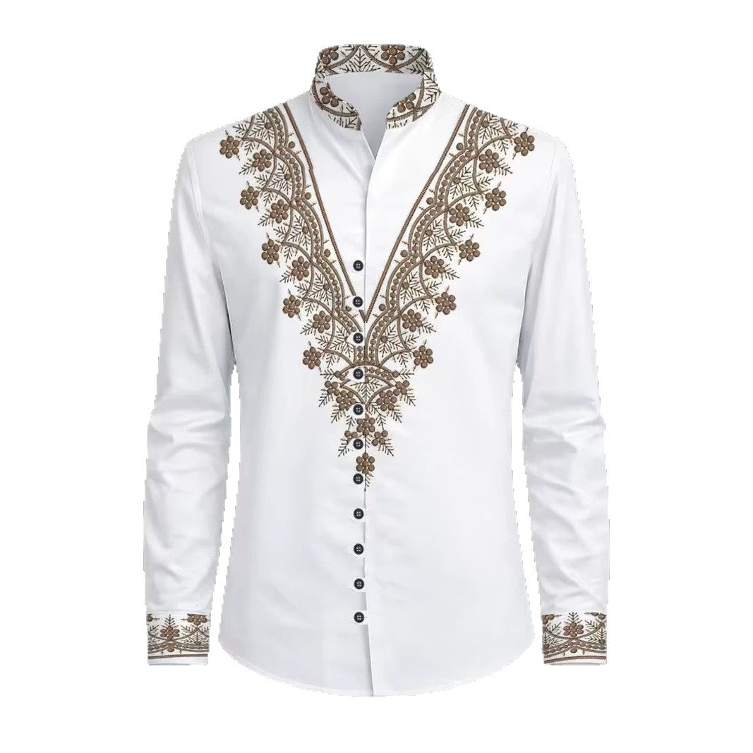 Color Block Long Sleeve Chinoiserie Shirt For Men With Printing On Polyester Fabric And Standing Collar