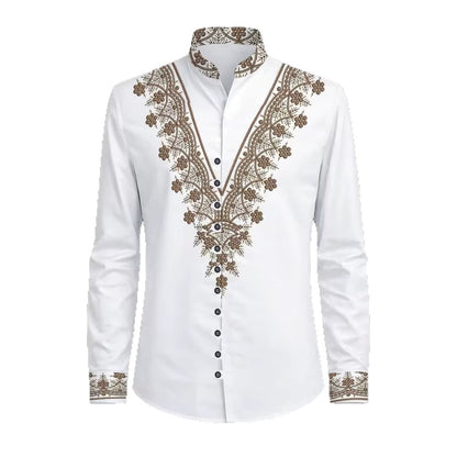 Color Block Long Sleeve Chinoiserie Shirt For Men With Printing On Polyester Fabric And Standing Collar