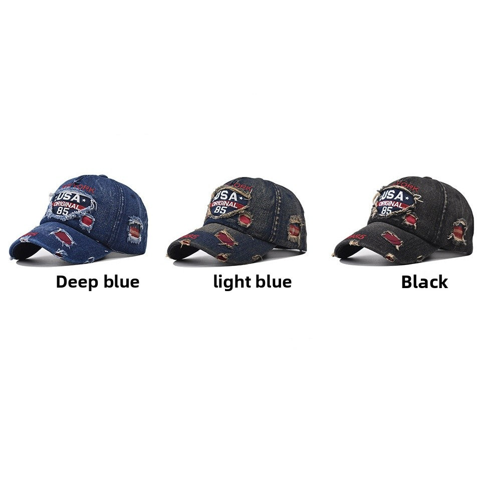 Dark Blue Cotton Baseball Cap With Wide Brim Featuring Embroidery And UV Protection For Adults