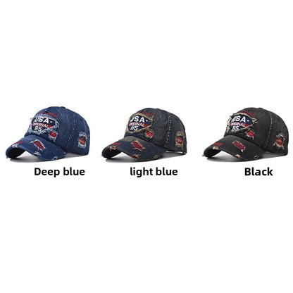 Dark Blue Cotton Baseball Cap With Wide Brim Featuring Embroidery And UV Protection For Adults