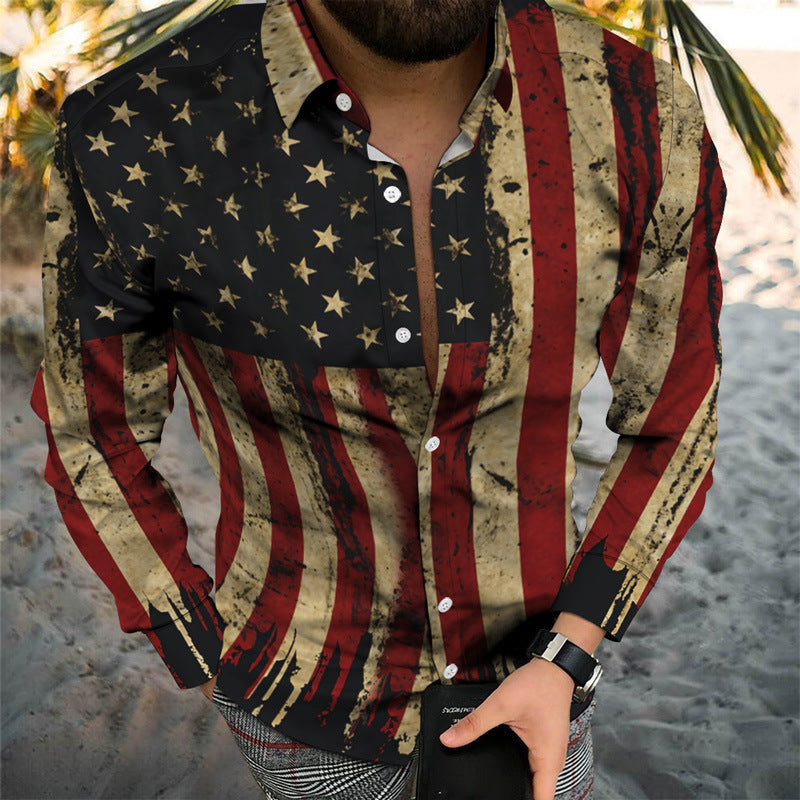 Casual Men's Long Sleeve Shirt Featuring 3D Print Design In Polyester With Lapel Collar