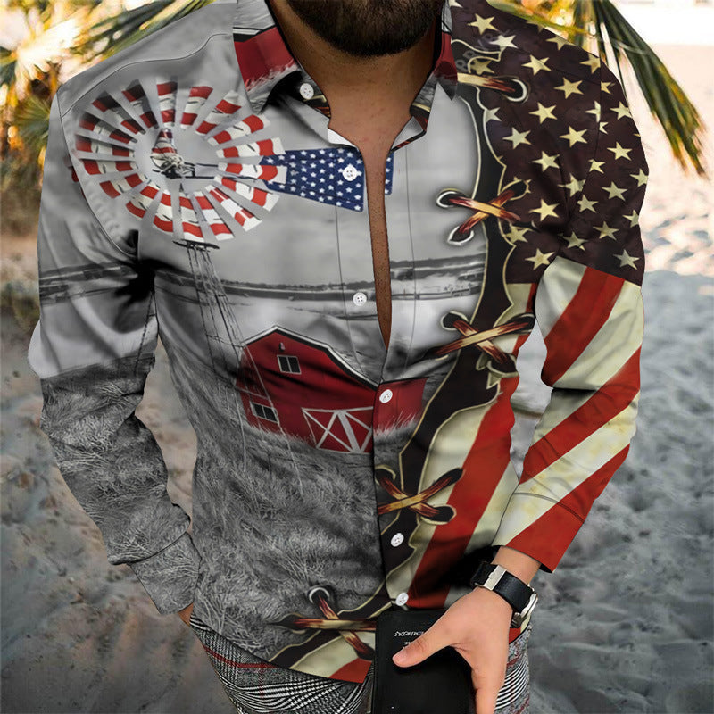 Casual Men's Long Sleeve Shirt Featuring 3D Print Design In Polyester With Lapel Collar