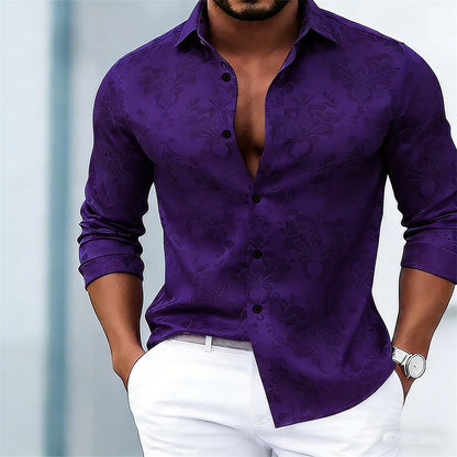 Ditsy Floral Vintage Style Men's Shirt With Long Sleeve And Jacquard Polyester Fabric Featuring Lapel Collar