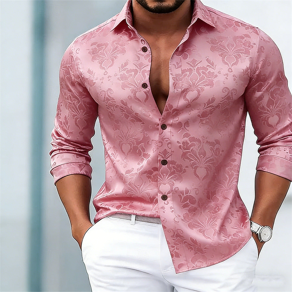 Ditsy Floral Vintage Style Men's Shirt With Long Sleeve And Jacquard Polyester Fabric Featuring Lapel Collar
