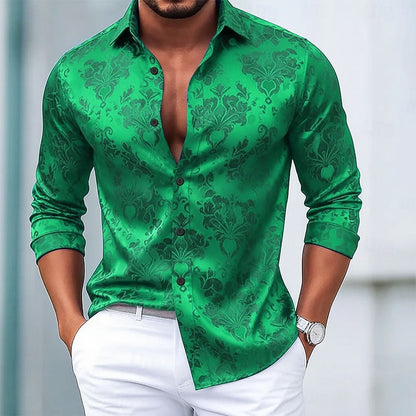 Ditsy Floral Vintage Style Men's Shirt With Long Sleeve And Jacquard Polyester Fabric Featuring Lapel Collar